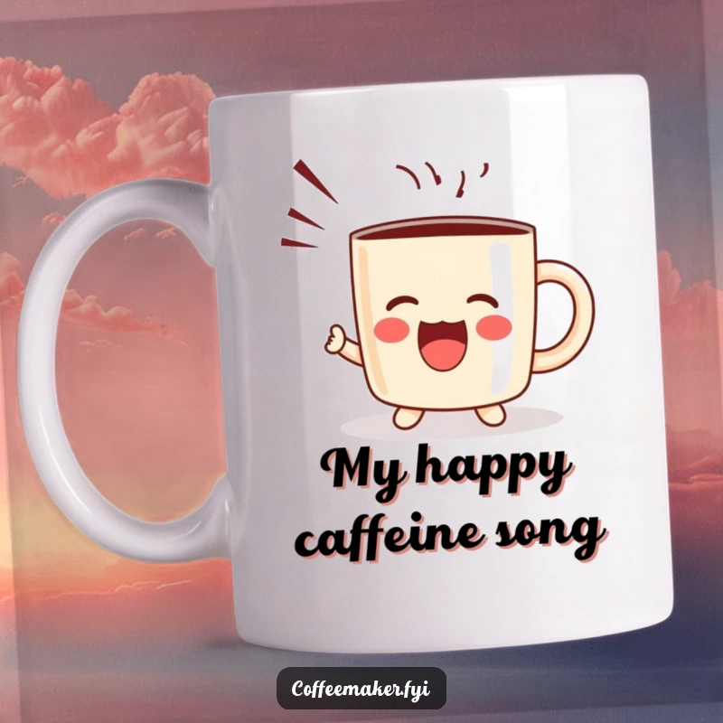 Funny kawaii coffee mug t-shirt showing a joyous character shouting with sound waves, perfect for happy, energetic people.