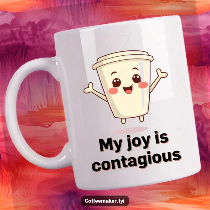 Funny Kawaii Coffee Cup Mug shown giggling and jumping with pure glee, a delightful and humorous gift for coffee lovers.
