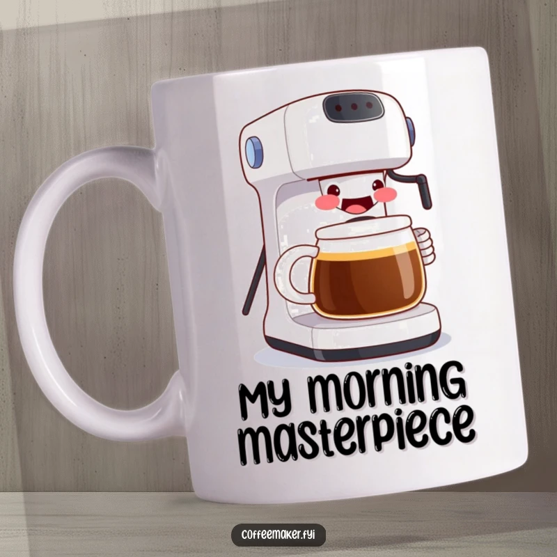 Funny mug showing a coffee maker with a wide, happy grin, pouring a giant mug of coffee, symbolizing satisfaction and abundance. A humorous gift.