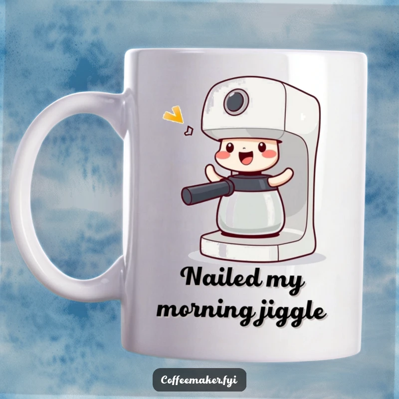 Funny Victorious Coffee Maker Mug: Machine doing a happy shimmy, celebrating a perfect brew with joyful movement.