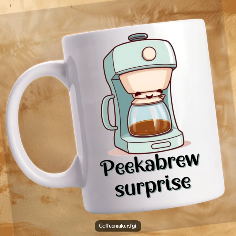 Funny coffee maker character with its lid slightly ajar, peeking out with a very mischievous and knowing grin.