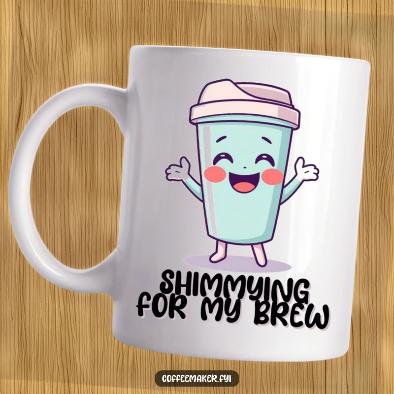 Funny travel mug featuring a giggling character doing a funny shimmy, perfect for keeping drinks warm and spirits high.