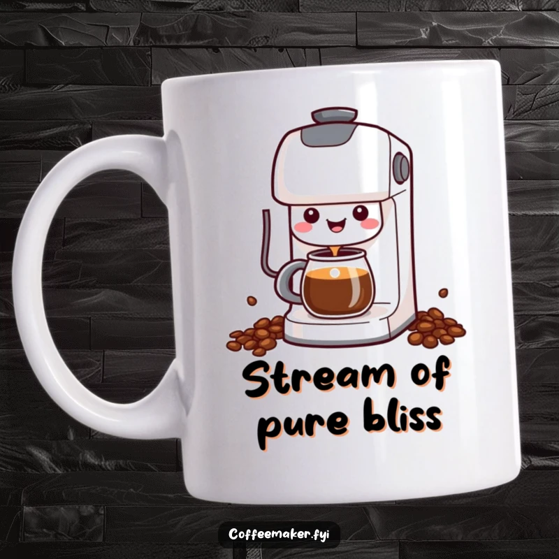 Funny Kawaii Coffee Maker Mug showing a cheerful character happily dispensing coffee, spreading morning joy.