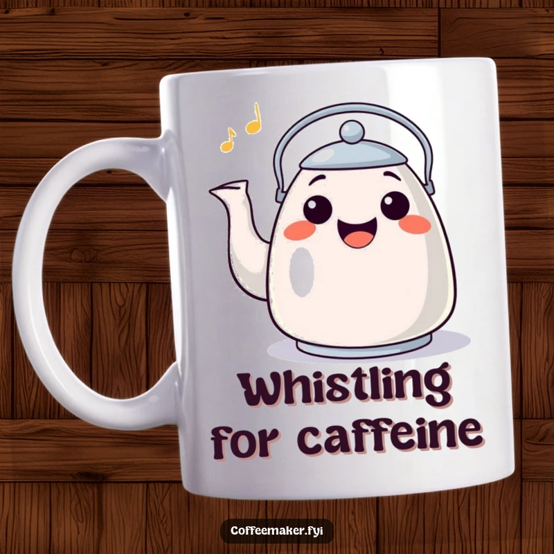 Funny Mug: A happy kettle character with a wide grin, whistling a cheerful tune, radiating pure joy.