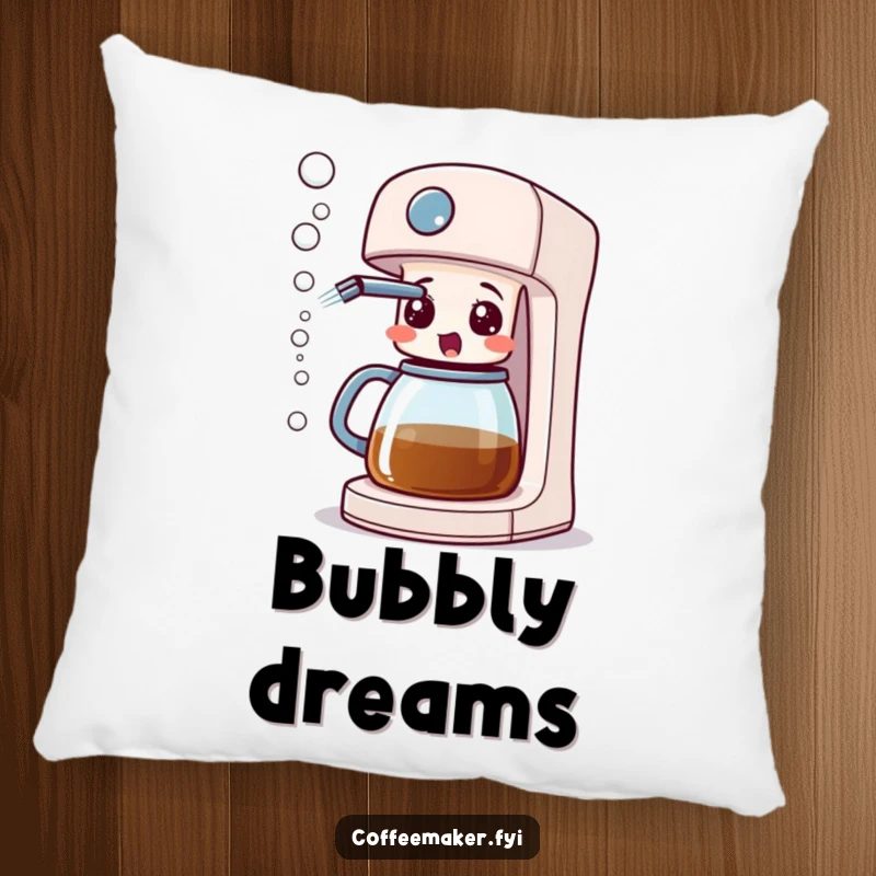 A surprised coffee maker machine with its spout spraying bubbles, featured on a plush and comfortable throw pillow.