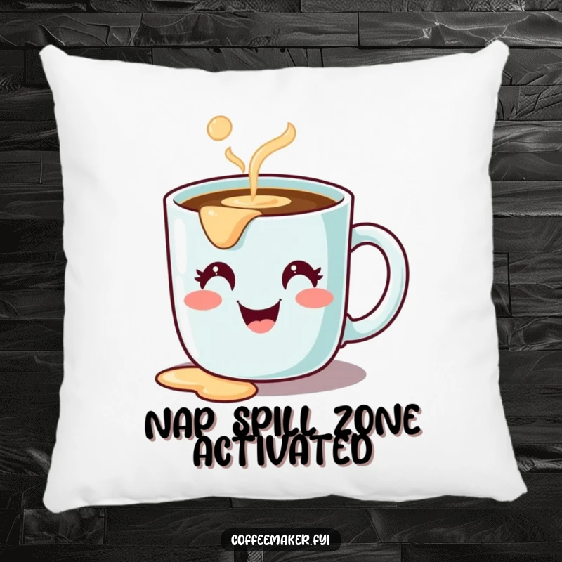 Funny pillow with a cute coffee mug character, happy face, spilling coffee, soft and humorous home decor.