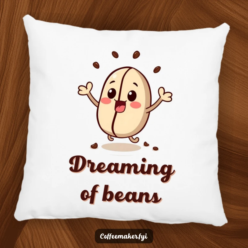 Funny decorative pillow with a cute kawaii coffee bean character, illustrated bouncing with excitement.