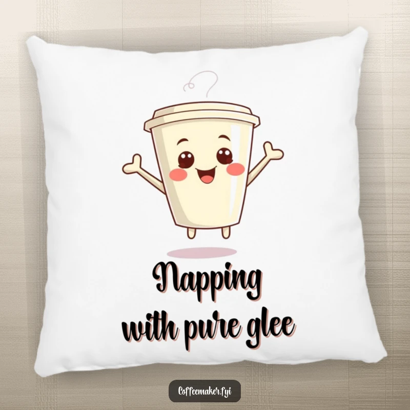 Funny Kawaii Coffee Cup Pillow featuring a giggling cup jumping with glee, providing comfort and humor as a delightful gift.