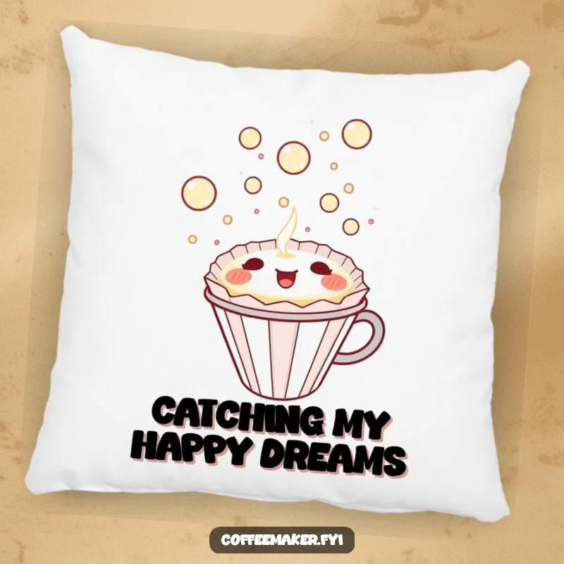 Funny Kawaii Coffee Filter Pillow happily catching bubbly delight, offering comfort and humor as a delightful gift.