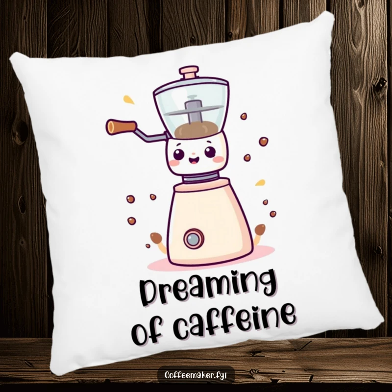 Funny Kawaii coffee grinder pillow, soft and inviting, radiating cheerful energy for ultimate comfort.
