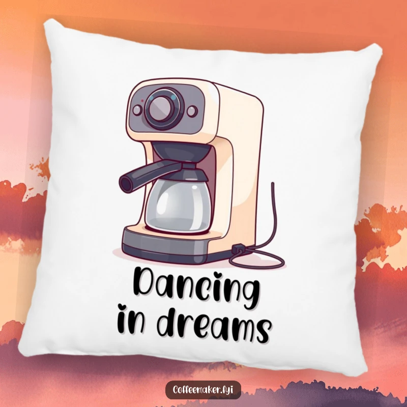 A coffee maker machine doing a silly dance with its cords, featured on a plush and comfortable throw pillow.