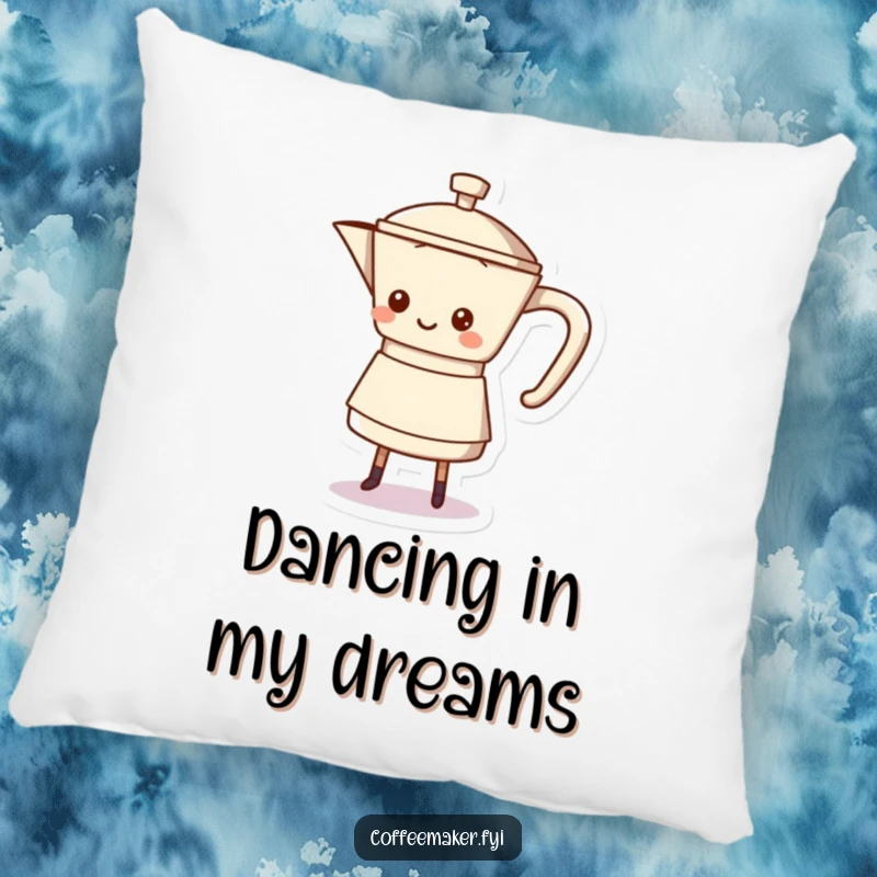 Funny coffee pot character doing a happy shuffle dance on this pillow, ideal for cozy fun.