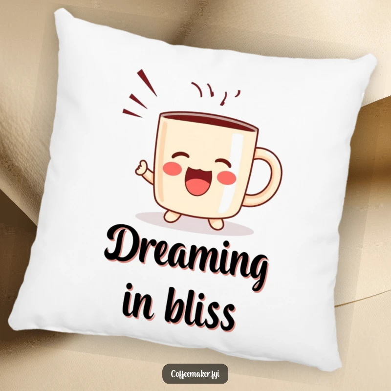 Funny pillow with a kawaii coffee mug character joyfully shouting, designed for cozy comfort and cheerful decor.