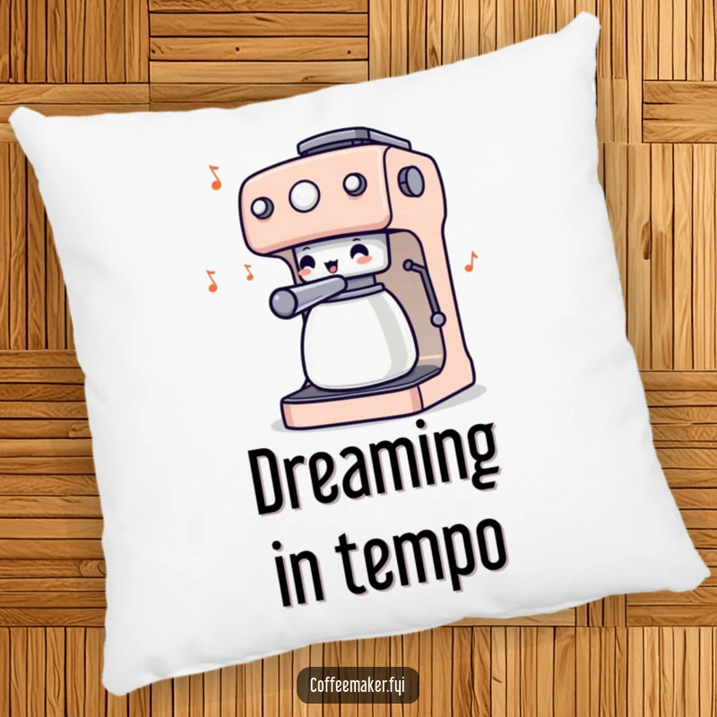 Funny pillow showcasing a coffee maker character wiggling its knobs like a maestro, bringing musical joy and comfort to any room.