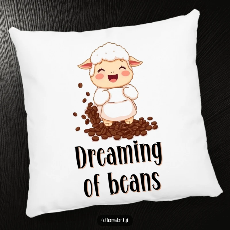 Funny Pillow: A giggling sheep in a small apron is spilling a mountain of coffee beans, adorably.