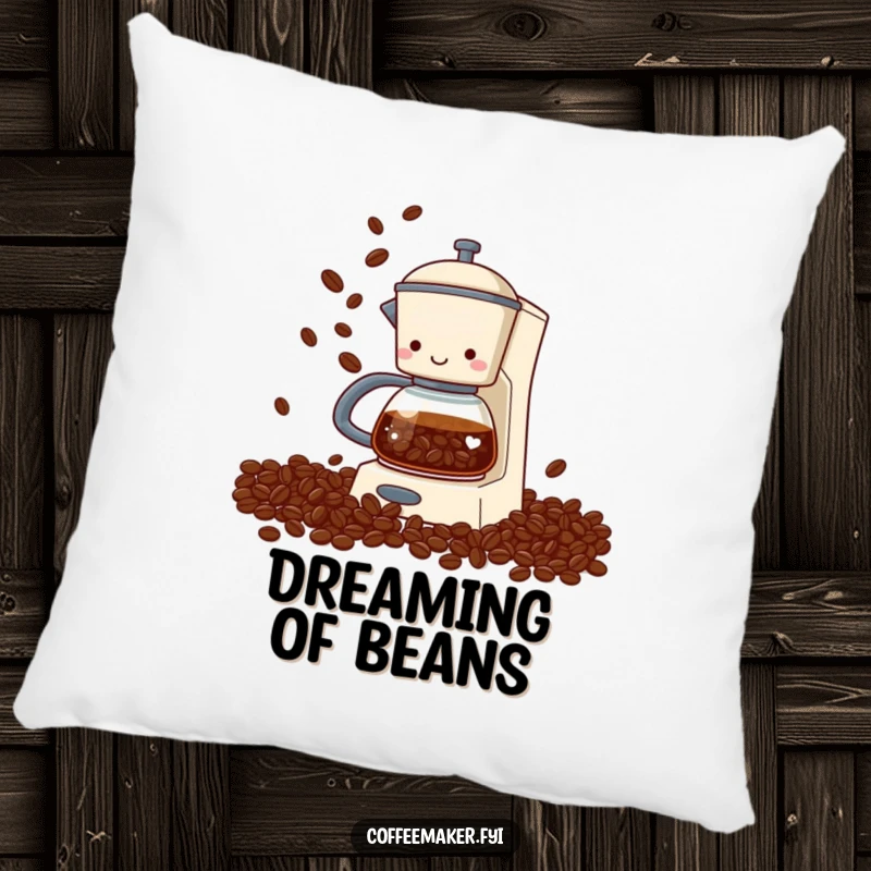 Funny coffee maker pillow with a soft texture and a design of a coffee maker juggling coffee beans from its spout, a comfortable and humorous decor item.