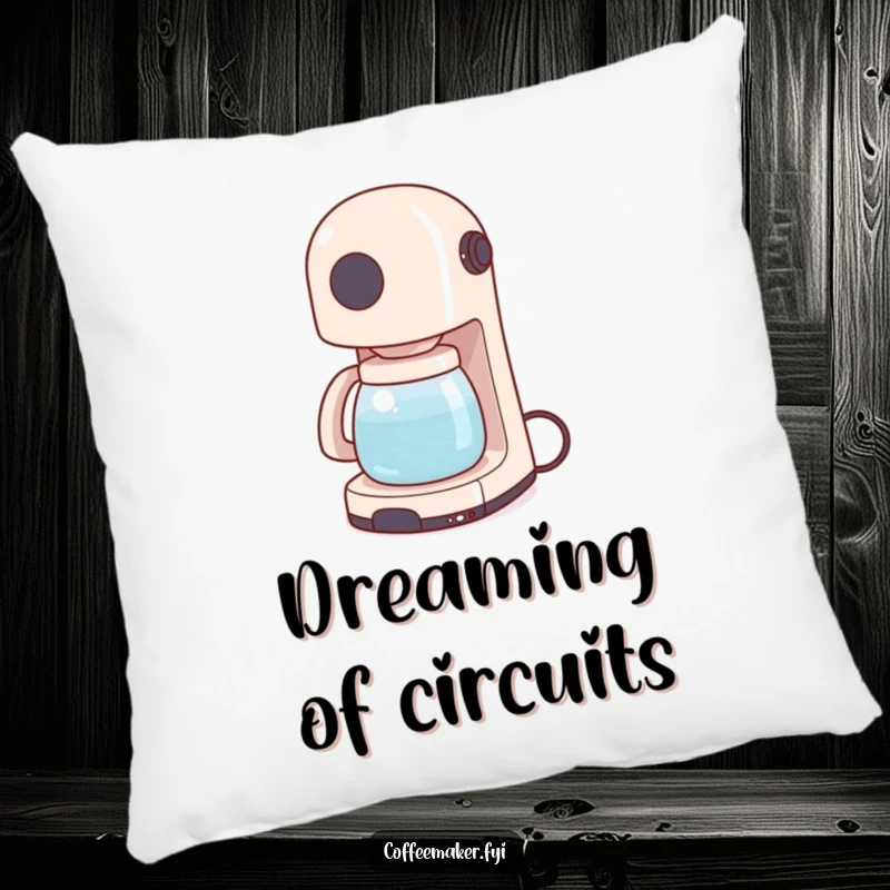 Funny decorative pillow with a coffee maker wiggling its power cord like a tail, providing cozy comfort and quirky humor.