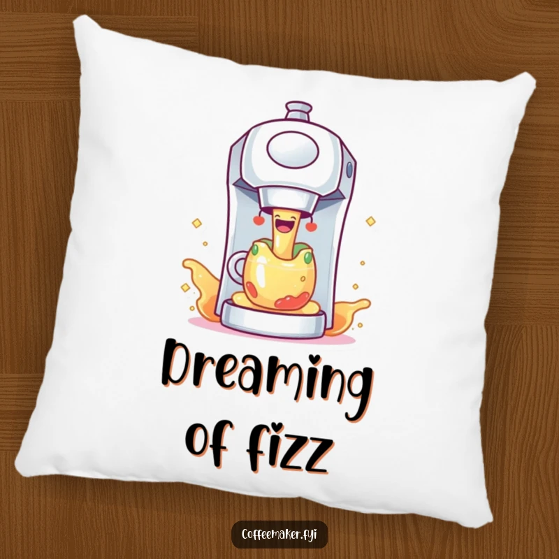 Funny coffee maker character joyfully dispensing colorful, sparkling liquid, printed on a soft, decorative pillow.
