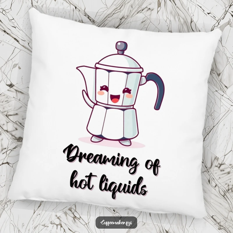 Funny decorative pillow with a coffee pot character, enthusiastically gesturing with its spout.