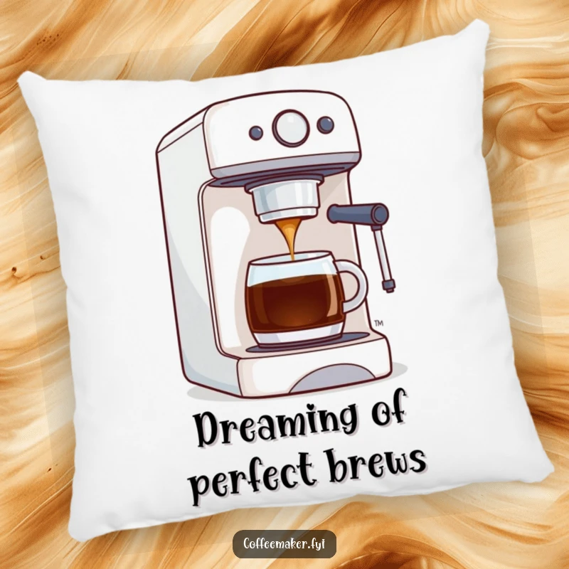 Funny pillow featuring a coffee maker machine proudly dispensing a stream of perfectly brewed coffee, offering comfort and style.