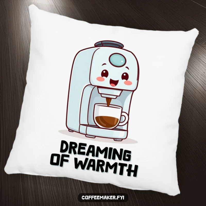 A cheerful coffee maker machine with a smiling face, depicted on a plush pillow for ultimate comfort and humor.