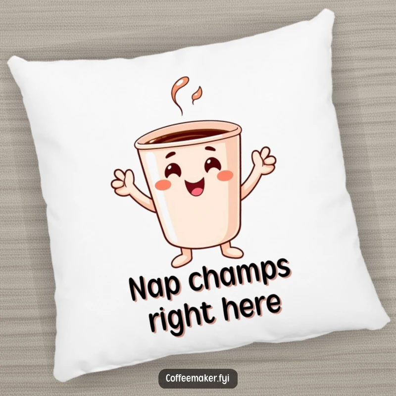 Funny cheerful coffee cup character with tiny hands cheering, featured on a soft and comfy pillow.