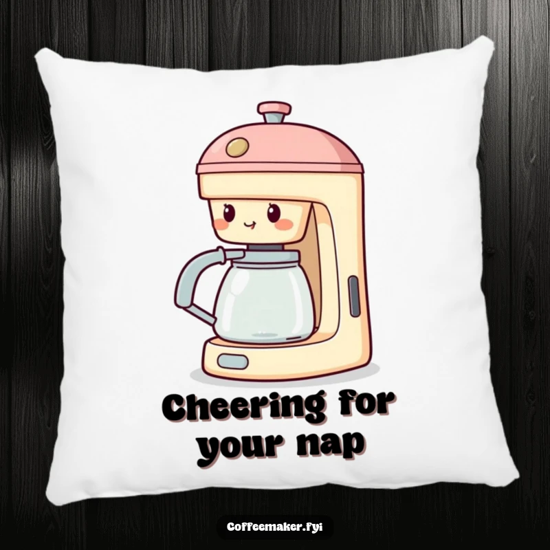 Funny Cheering Coffee Maker Pillow: Machine with spout extended, cheering, offering comfort and supportive vibes.