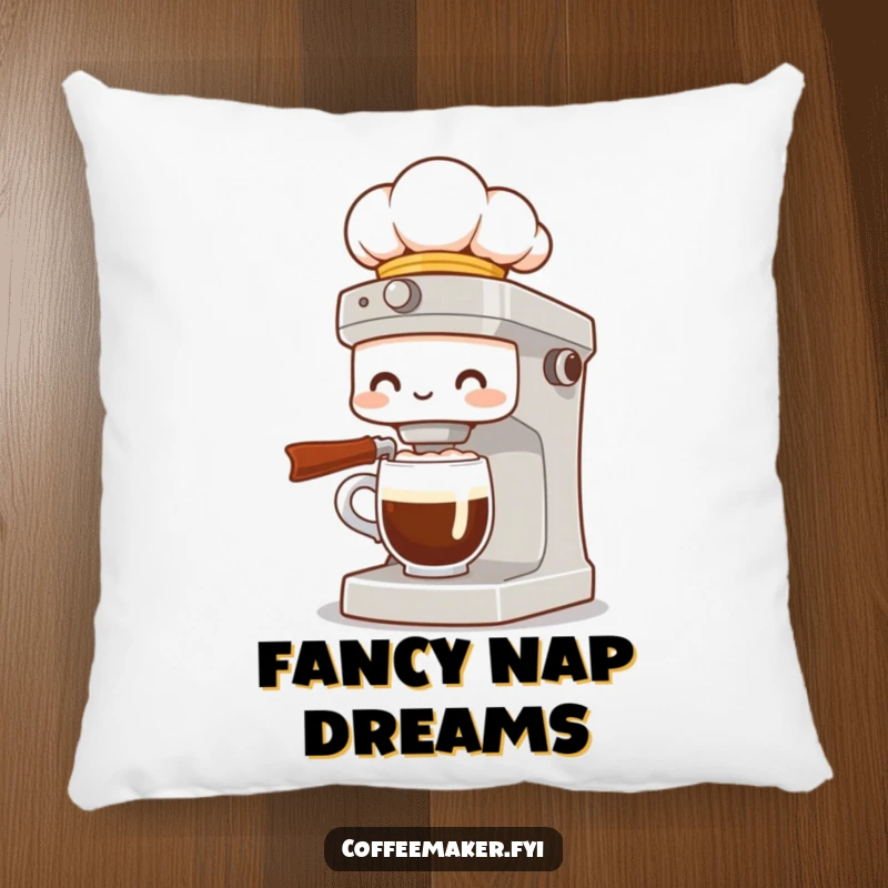 Funny pillow featuring a coffee maker character in a chef hat, presenting a fancy cup of coffee, bringing gourmet charm to any room.