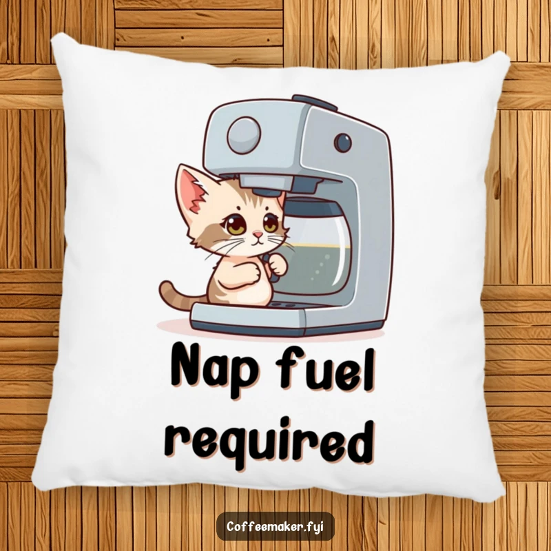 Funny Pillow: A tiny kitten with determined eyes is hilariously attempting to operate a giant coffee maker.