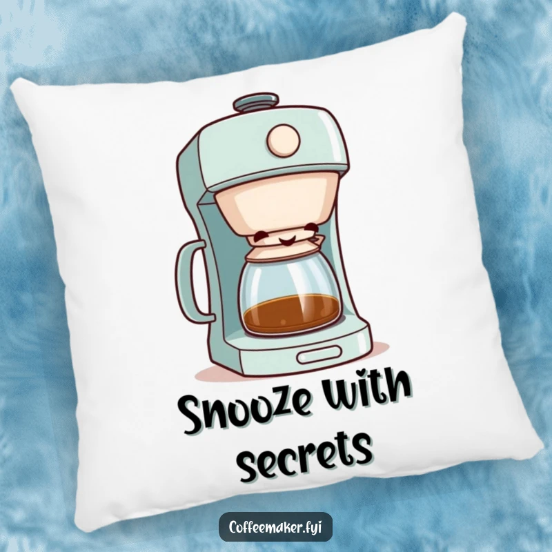 Funny coffee maker character peeking with a mischievous grin from its lid, printed on a soft, decorative pillow.