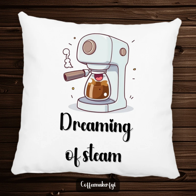Funny coffee maker character comically sputtering with excitement, steam erupting playfully, printed on a soft, decorative pillow.