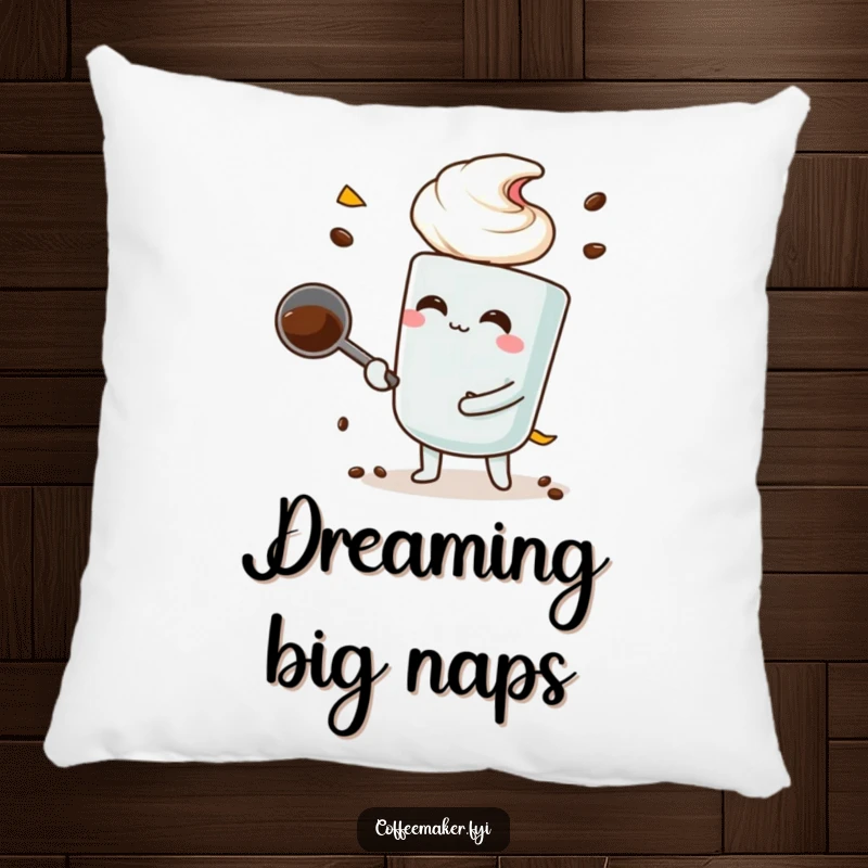 Funny coffee scoop character making a large scoop, featured on a soft and comfortable pillow.