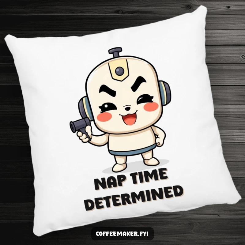 Funny pillow with a determined French press character pumping, providing comfort and a humorous motivational theme.