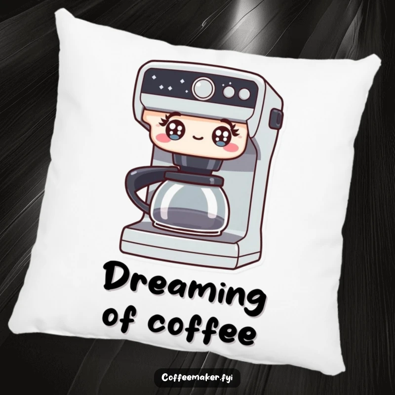 Funny pillow showcasing a coffee maker with bright, excited eyes, offering comfort and a playfully energetic accent to any room. A cozy and humorous item.