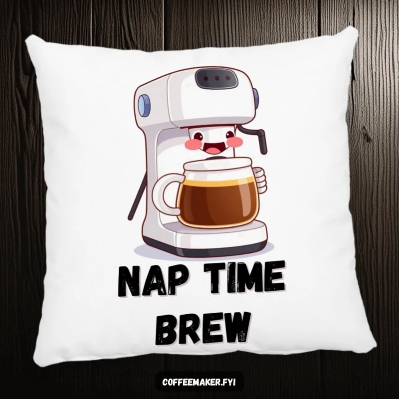 Funny pillow showcasing a grinning coffee maker pouring a huge mug, offering comfort and a playful touch to any room. A cozy and humorous accent.