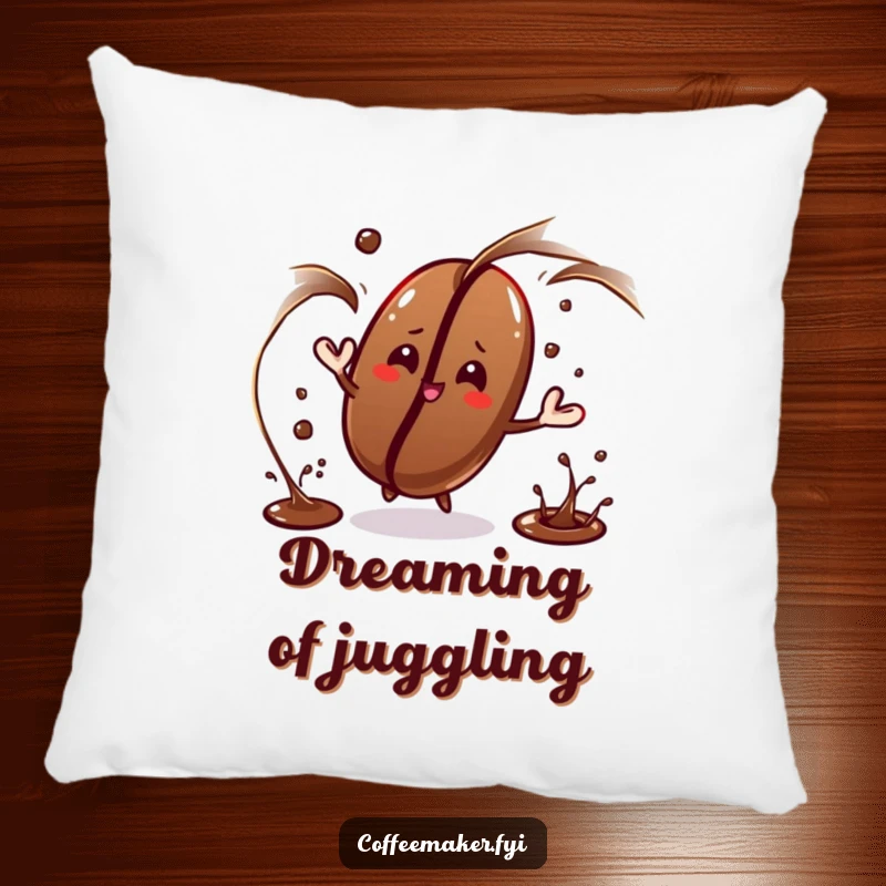 Funny coffee bean character juggling dark liquid streams on this pillow, ideal for comfortable skill appreciation.