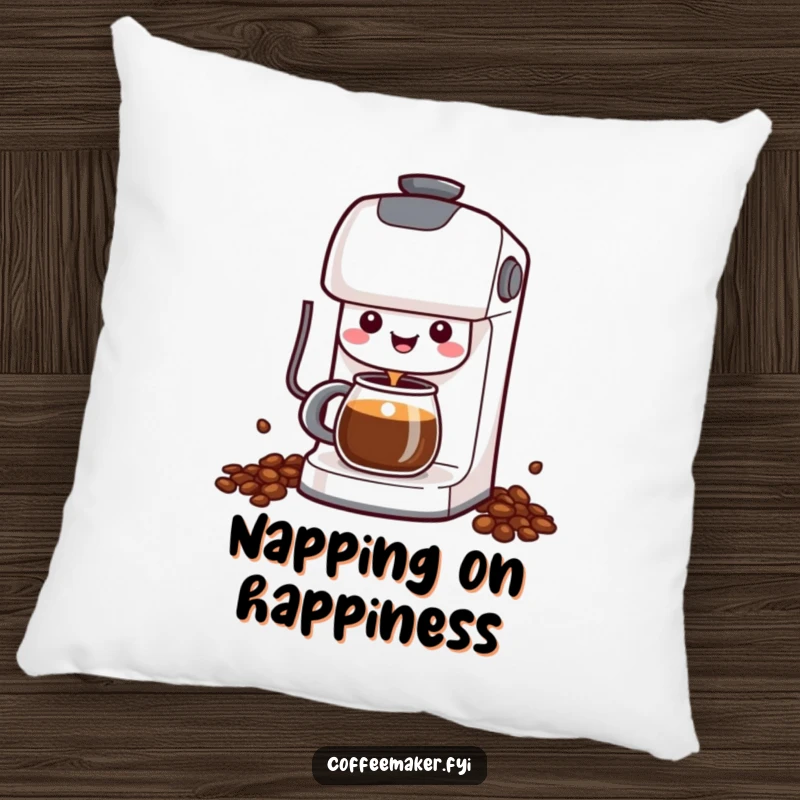 Funny Kawaii Coffee Maker Pillow featuring a cheerful character happily dispensing coffee, providing cozy and humorous comfort.
