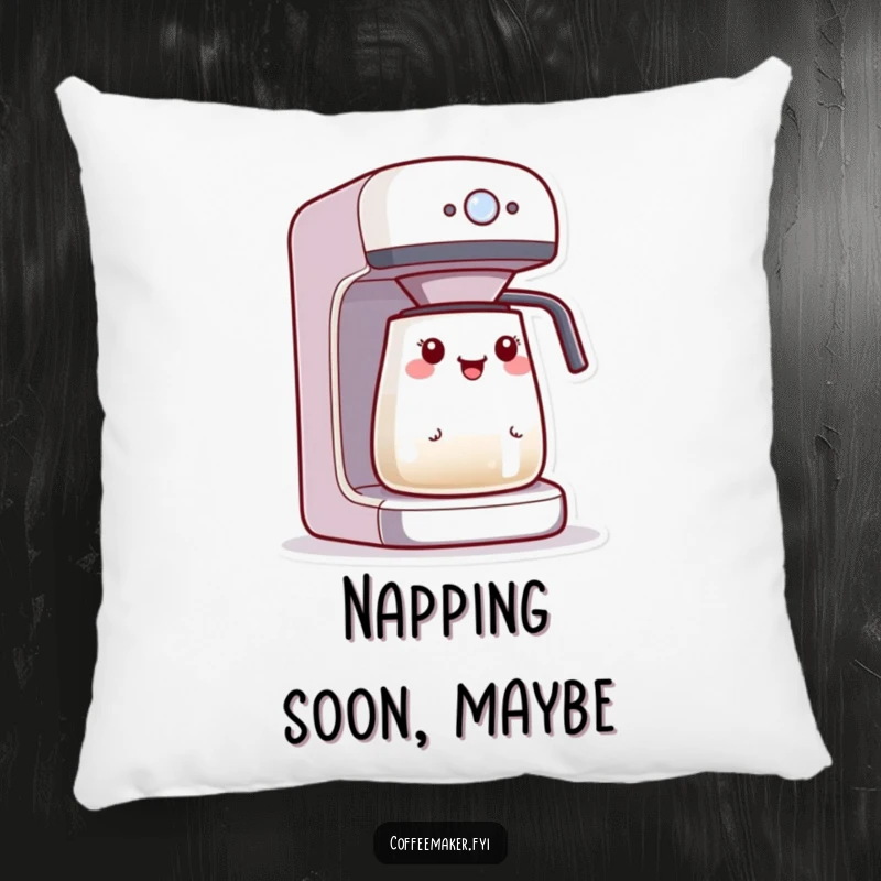 Funny Kawaii coffee maker pillow, character gazing excitedly at a blinking brewing light, soft and decorative.