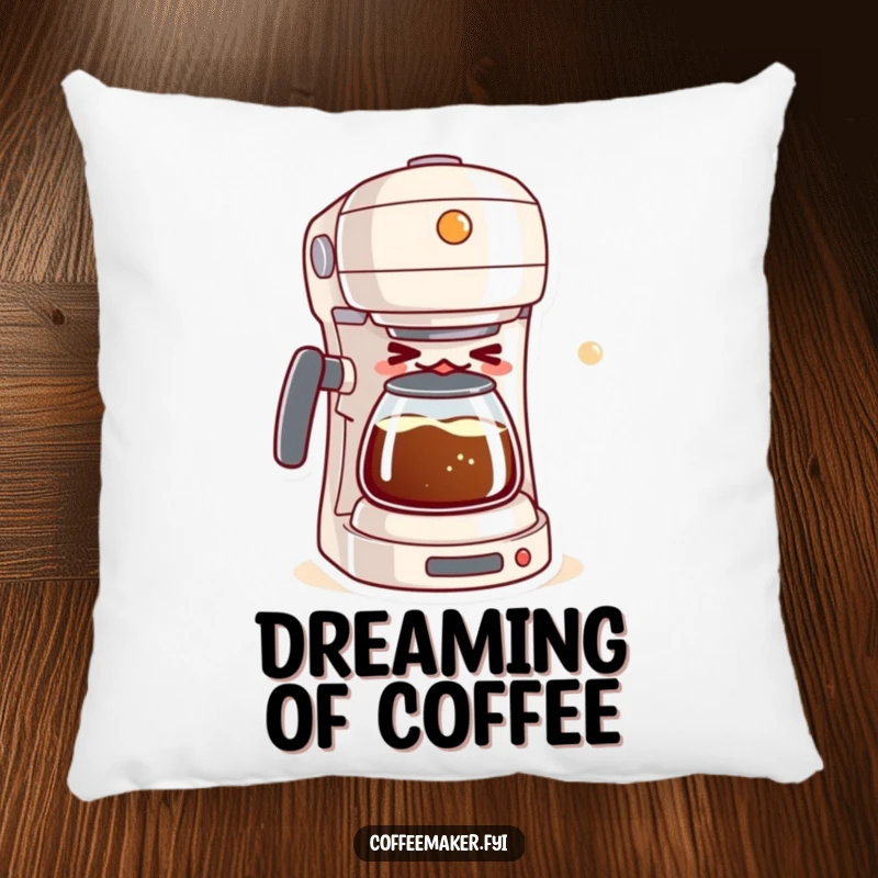 Funny pillow with a mischievous kawaii coffee maker winking and brewing a bubbly mixture, providing comfortable and humorous decor.