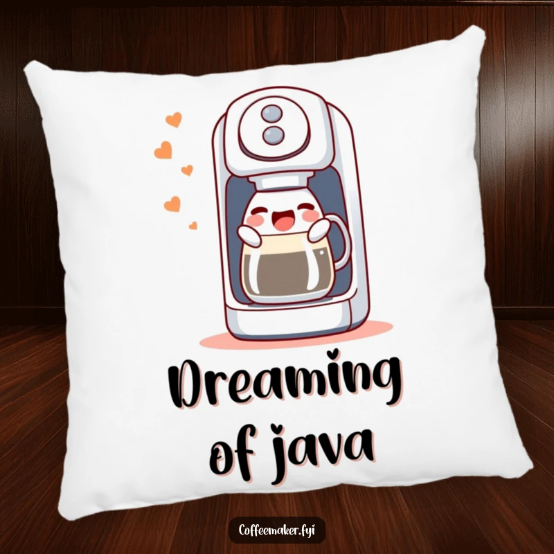 Funny pillow featuring a singing coffee maker machine, happily gurgling, offering soft comfort and a humorous touch to any room.