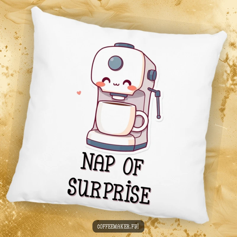 Funny pillow featuring a coffee maker character looking pleasantly surprised and delighted by the perfection of a brewed cup of coffee.