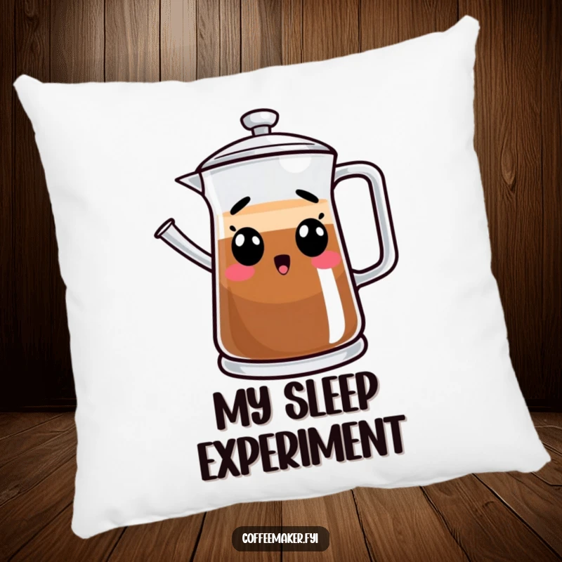 Funny pillow featuring a surprised coffee pot character, providing a comfortable and humorous element to home furnishings.