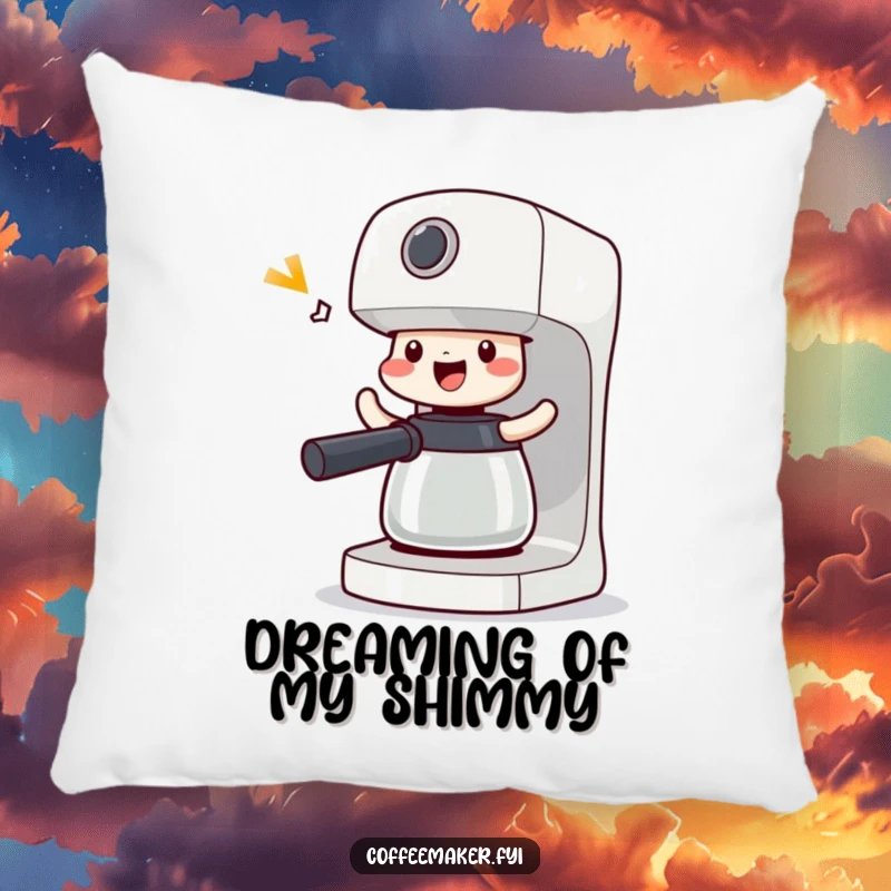 Funny Victorious Coffee Maker Pillow: Machine doing a happy shimmy, offering comfort and a celebratory dance.