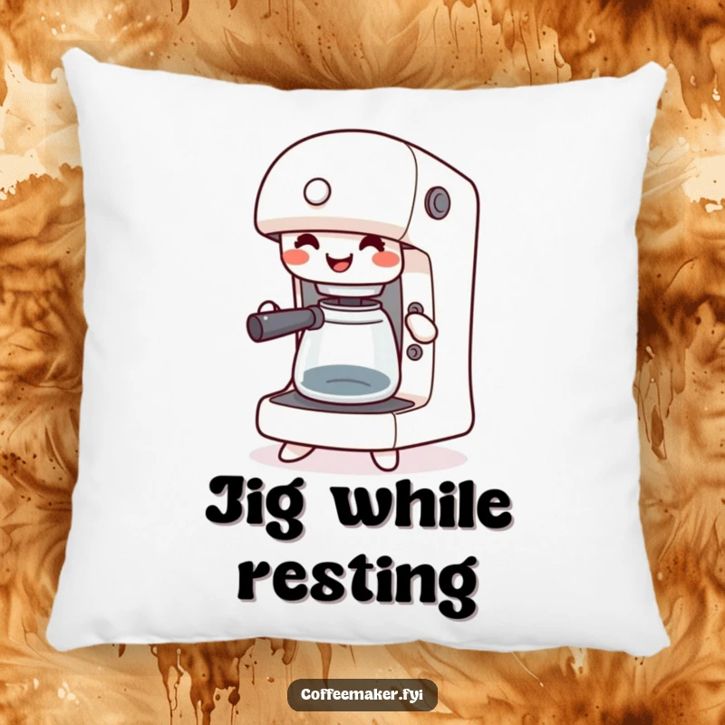 Funny pillow with a happy kawaii coffee maker jigging with its buttons pressed, providing comfortable and humorous decor.