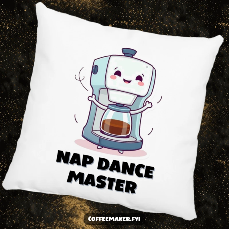 Funny pillow featuring a coffee maker character dancing with vibrant steam trails, bringing a lively and joyful accent to any room.