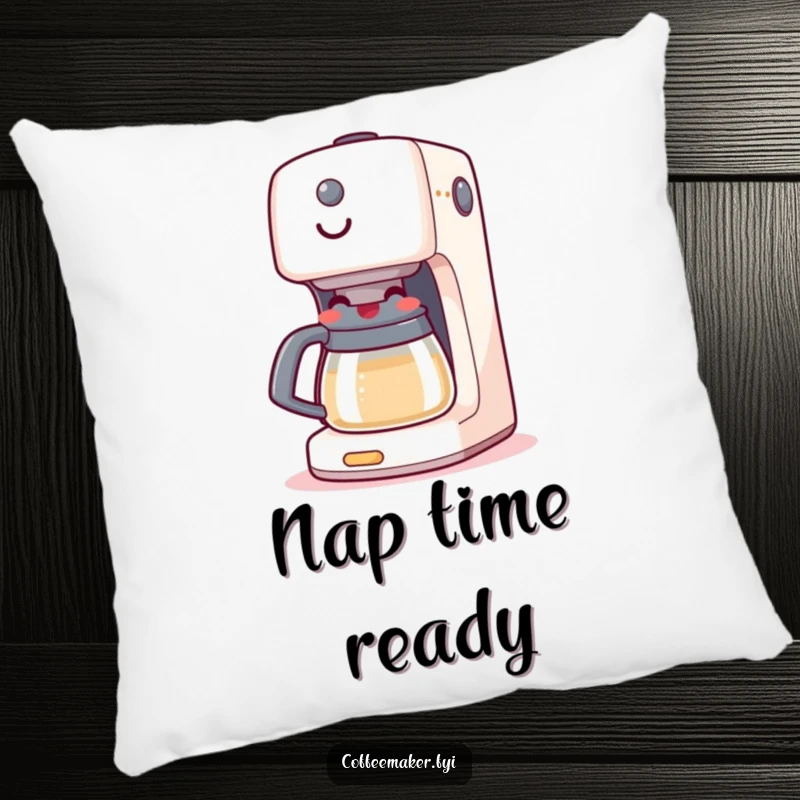 Funny pillow with a cheerful coffee maker machine happily boiling, offering comfort and a dose of morning cheer to any room.