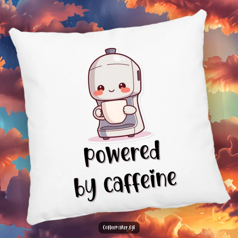 Funny Kawaii coffee maker pillow, character proudly holding a steaming mug, soft and comfortable design.