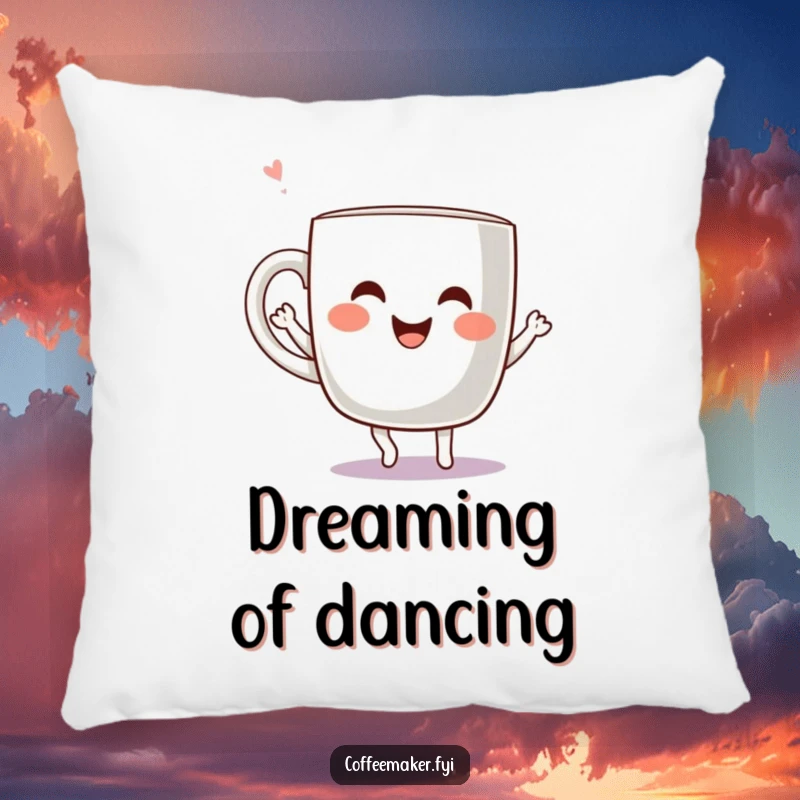 Funny Kawaii Coffee Mug Pillow featuring a cheerful mug character dancing joyfully, perfect for adding cozy comfort and animated vibes.