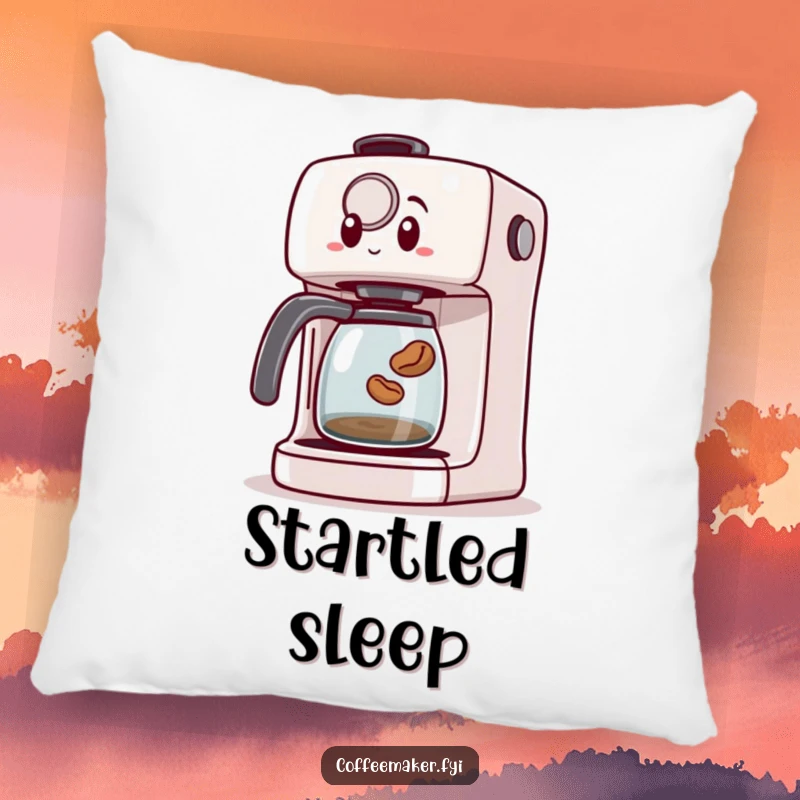 Funny pillow with a surprised coffee maker machine and a tiny coffee bean jumping out, offering comfort and a humorous touch.