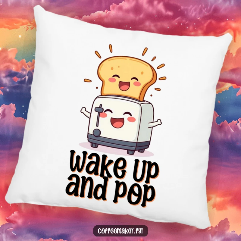 Funny Pillow: A smiling, laughing toaster character in a joyful toast explosion, bringing comfort and amusement.
